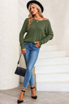 Green Textured Knit Round Neck Dolman Sleeve Sweater