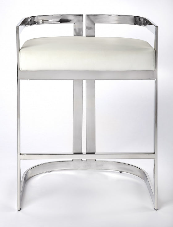 28" White and Silver Stainless Steel Low Back Counter Height Bar Chair