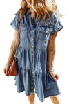 Blue Button Up Short Sleeve Denim Shirt Dress