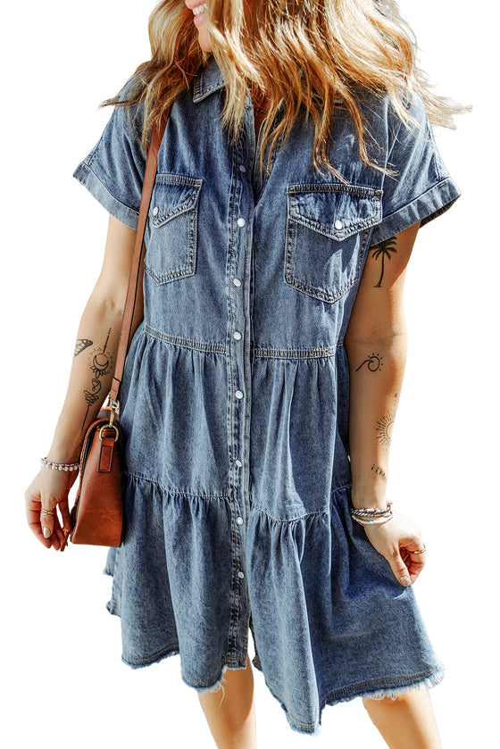 Blue Button Up Short Sleeve Denim Shirt Dress