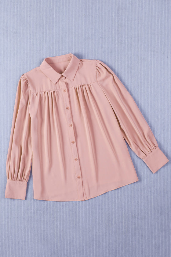 Khaki Solid Color Casual Button Up Puff Sleeve Pleated Shirt | Available in Other Colors