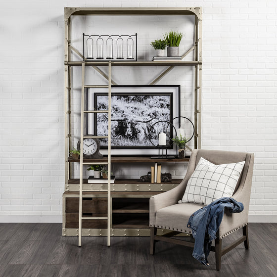 94" Brown Iron Six Tier Standard Bookcase With Four Drawers