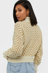 Khaki Chevron Pattern Mock Neck Cropped Sweater