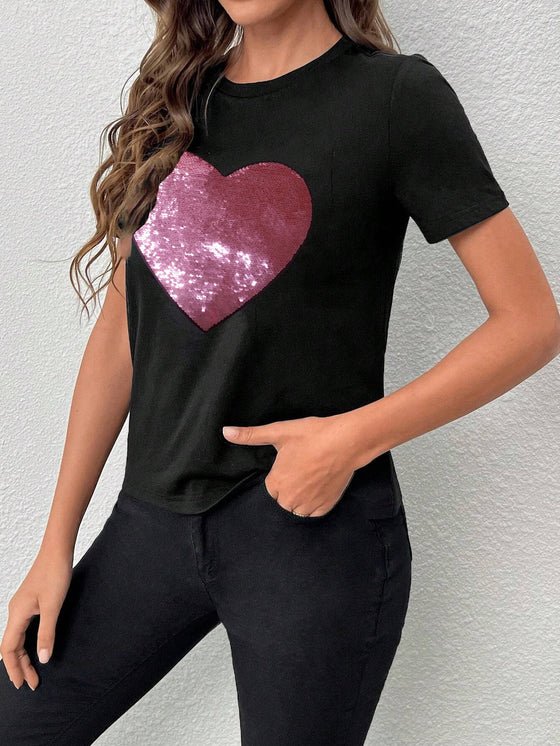 Black Valentine Sequin Heart Graphic Crew Neck T Shirt