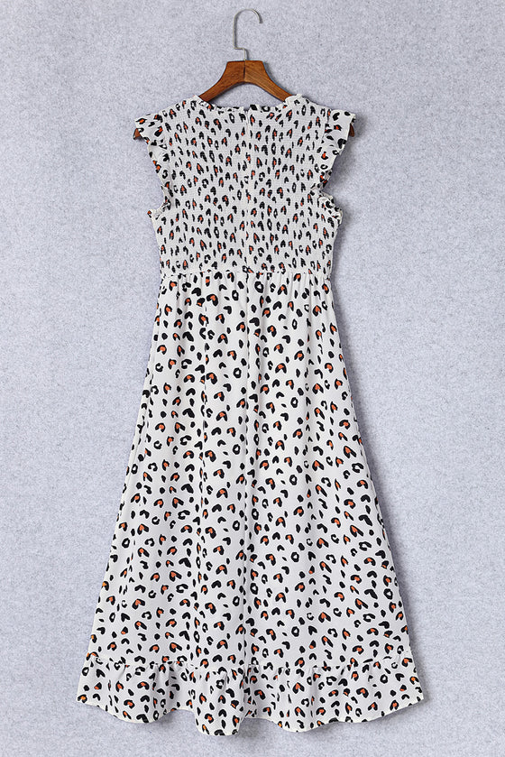 White Smocked Sleeveless Leopard Print Dress