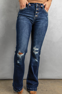  Dark Blue Distressed Flare Bootcut Jeans