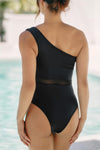 Black Mesh Insert One Shoulder High Waist Swimsuit