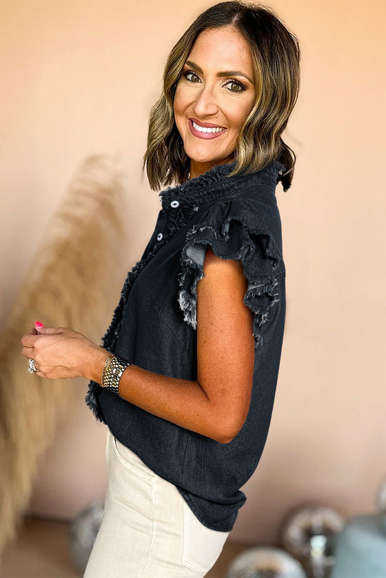 Ruffled Flutter Frayed Denim Top | Available in 2 Colors