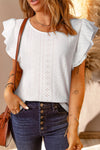 White Eyelet Textured Ruffle Short Sleeve Blouse | Available in Black