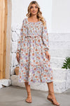 Multicolor Floral Print Smocked Pocketed Flared Midi Dress