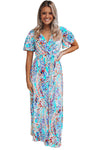 Abstract Print Wrap V Neck Flutter Sleeve Mid Length Summer Dress | Available in Blue