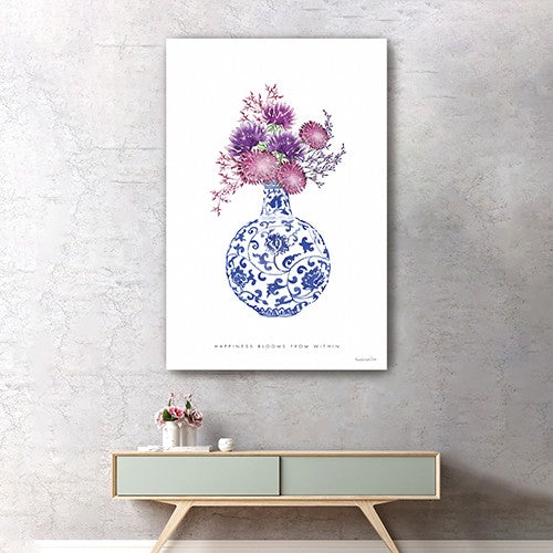 Blue And White Happiness Floral Vase Canvas Wall Art | Available in 2 Sizes