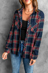 Multicolor Plaid Casual Pockets Asymmetric Long Sleeve Shacket