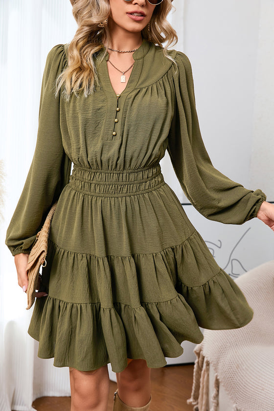 Green Solid Color Notch Neck Tiered Long Sleeve Dress