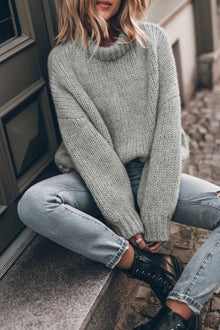  Light Grey Chunky Knit Turtleneck Drop Shoulder Sweater