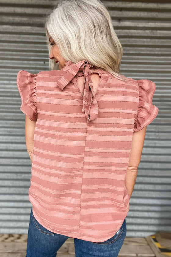 Coral Paradise Textured Striped Frill Neck Knot Ruffle Top