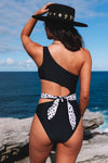 Black Asymmetric Cutout Sexy Belted One-Piece Swimsuit | Available in 2 Colors