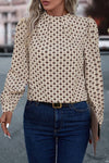 Beige Geometric Puff Sleeve Keyhole Back Blouse