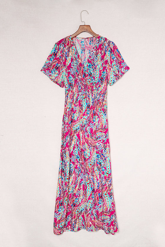 Abstract Print Wrap V Neck Flutter Sleeve Mid Length Summer Dress | Available in Blue