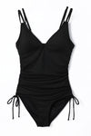 Black Ribbed Knit Backless One-Piece Swimsuit