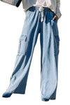 Sky-Blue Drawstring High Waist Cargo Pocket Wide Leg Jeans