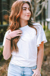 Apricot Striped Lace Splicing Ruffle Sleeve T-shirt | Available in 2 Colors