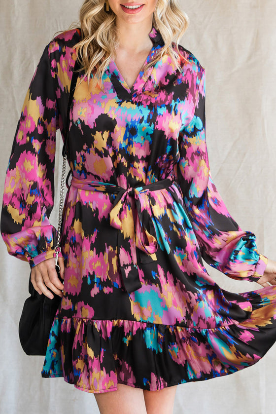 Abstract Print Waist Belted Long Sleeve Dress | Other Colors Available