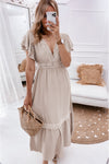 Oatmeal Lace V Neck Ruffled Sleeve Empire Waist Dress