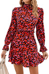 Red Valentine's Day Heart Print Ruffle Long Sleeve Mini Dress