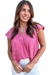 Bright Pink Frill V Neck Splicing Pleated Blouse