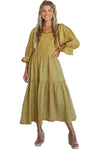 Yellow Crinkled Puff Sleeve Smocked Frill Tiered Dress