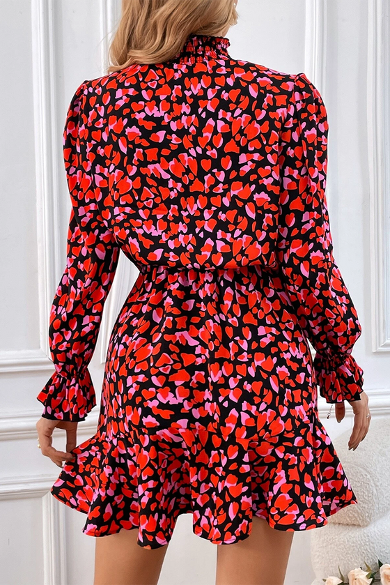 Red Valentine's Day Heart Print Ruffle Long Sleeve Mini Dress