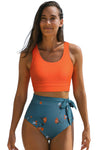 Orange Casual Floral Printed Waist Lace Up High Waist Bikini | Available in 2 Colors