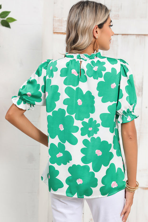 Green 60s Floral Print Puff Sleeve Frill Neckline Blouse