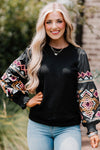 Black Geometric Lantern Sleeve Round Neck Blouse