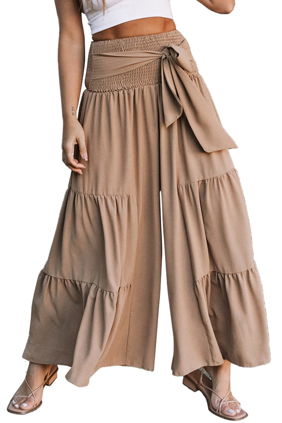 Khaki Lace Up Smocked Waist Tiered Wide Leg Pants