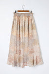 Peach Colored Boho Flower Print Smocked Waist Button Slit Maxi Skirt