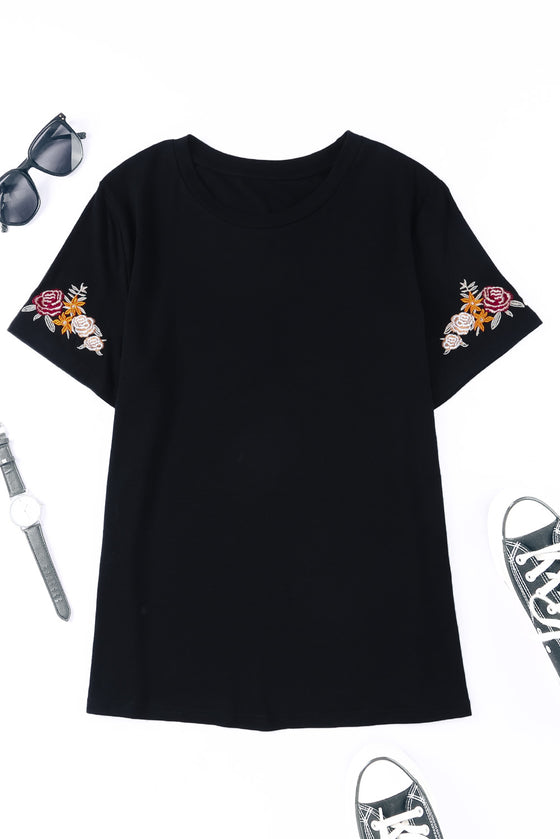 Black Casual Floral Embroidered T-Shirt