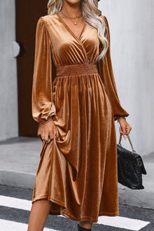  Camel Wrap V Neck Smocked High Waist Velvet Midi Dress