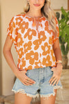 Orange Satin Retro Floral V-Neck Blouse