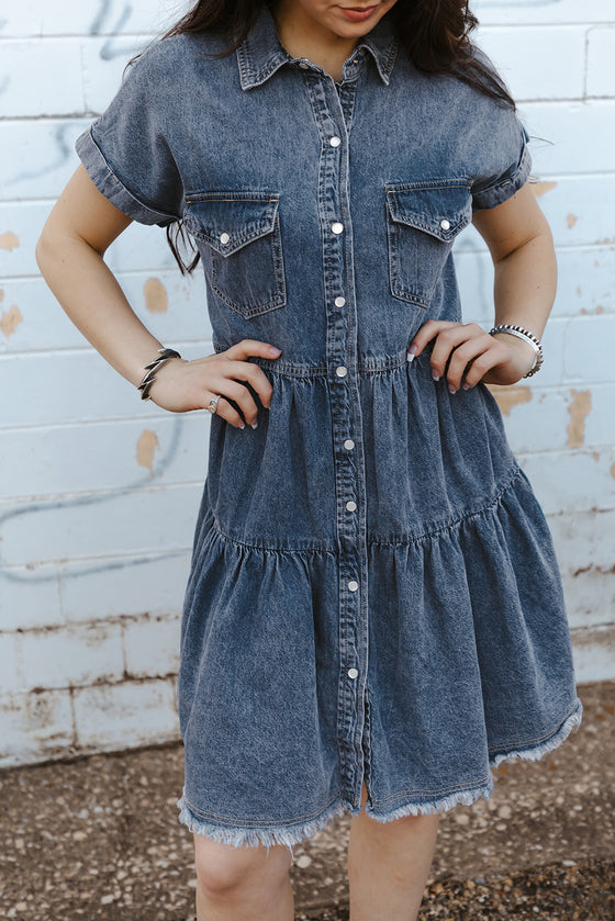 Blue Button Up Short Sleeve Denim Shirt Dress