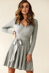 Belted Wrap V Neck Ribbed Pleated Sweater Dress in Gray or Brown