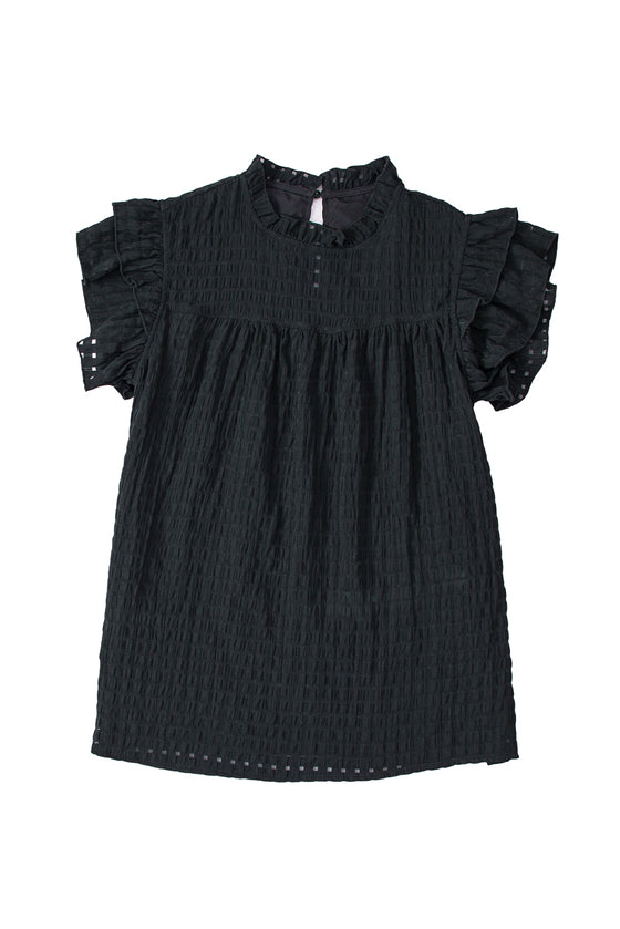 Black Frilled Neck Ruffle Textured Blouse