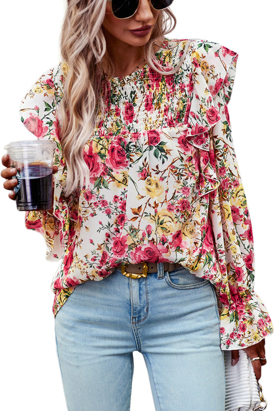 White Floral Ruffle Trim Long Sleeve Blouse