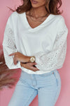 White V-neck Eyelet Embroidered Puff Sleeve Blouse