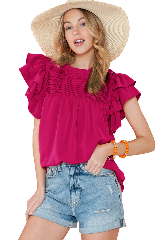 Rose Red Ruched Ruffle Blouse | Available in 3 Colors