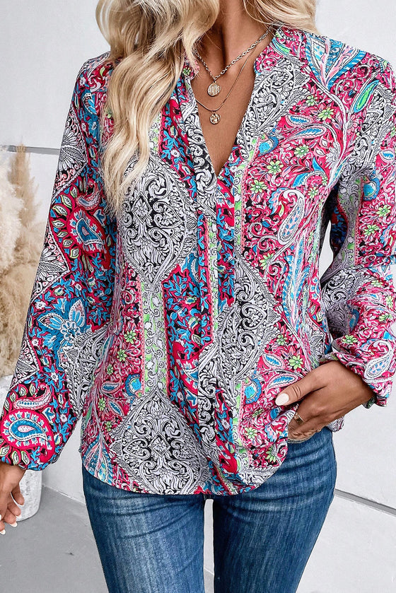 Pink Vintage Boho Paisley Print Notched Neck Blouse