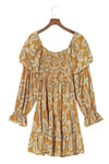 Yellow Boho Paisley Floral Print Long Sleeve Short Dress