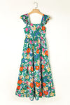 Green Boho Floral Print Ruffle Sleeveless Tiered Maxi Dress