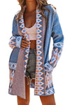 Blue Aztec Print Western Open Front Knit Cardigan